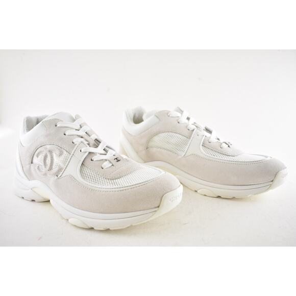 Chanel 20P Mens Triple White Mesh CC Logo Low Top Runner Trainer Sneaker 44 11 - Picture 4 of 13